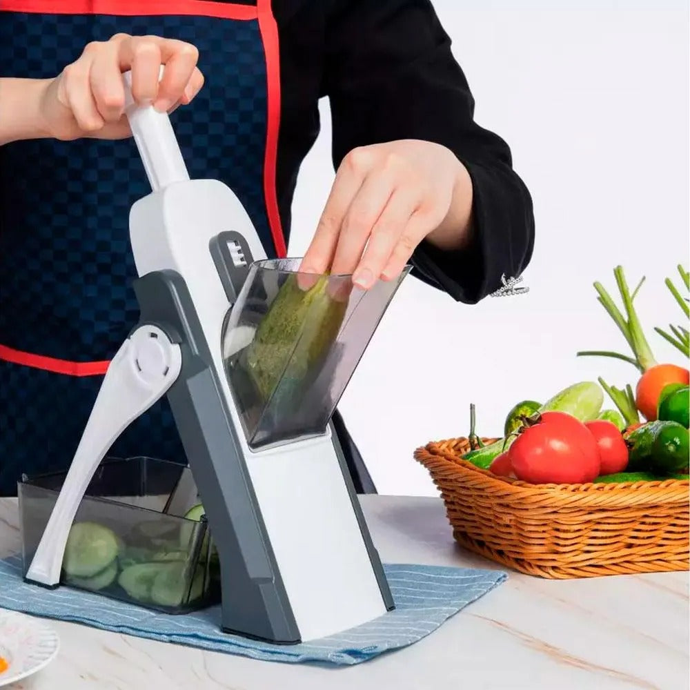 Mandolina vertical con sistema de empuje para cortar verduras